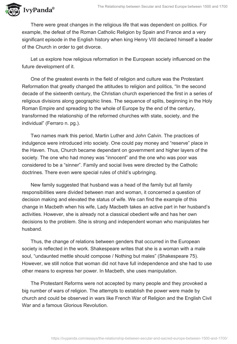 The Relationship between Secular and Sacred Europe between 1500 and 1700. Page 2