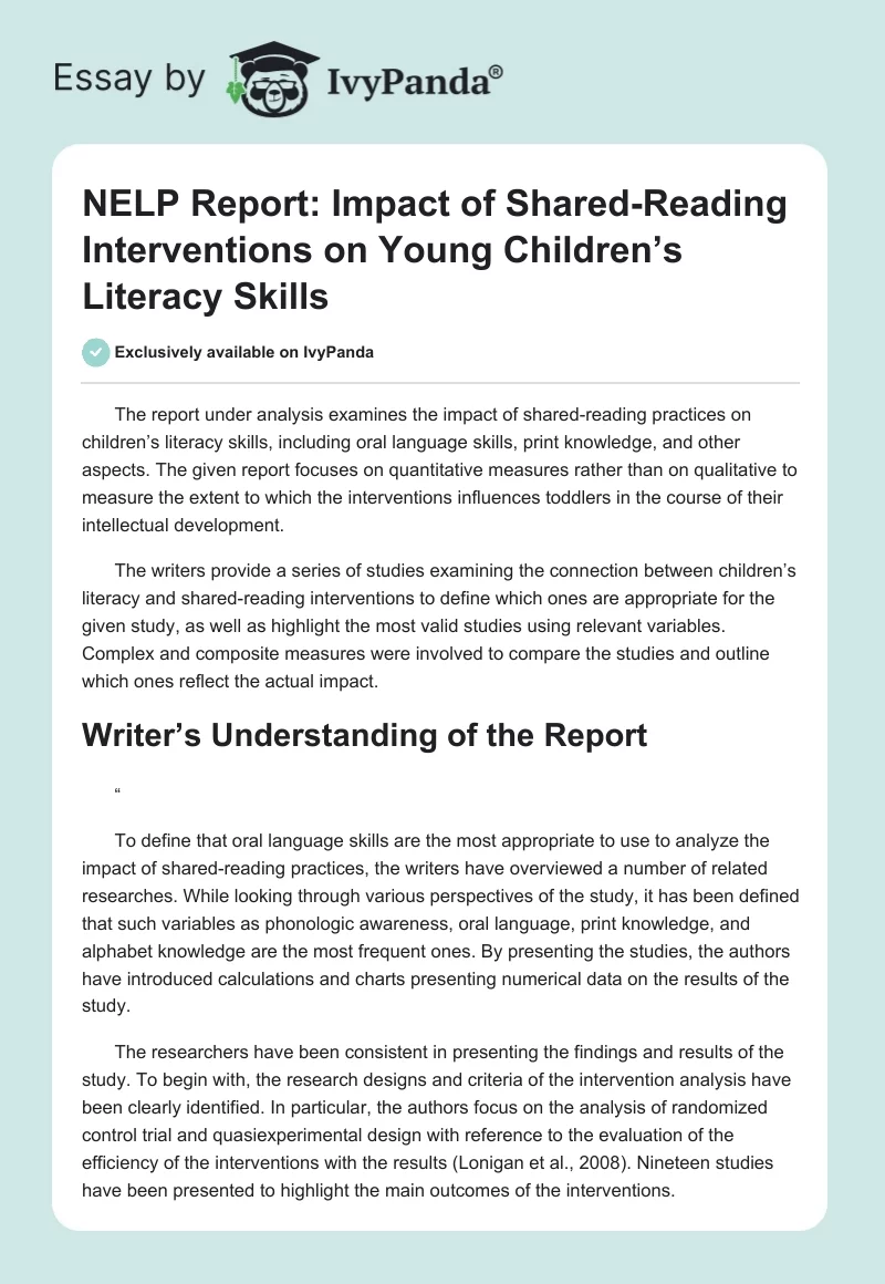NELP Report: Impact of Shared-Reading Interventions on Young Children’s Literacy Skills. Page 1