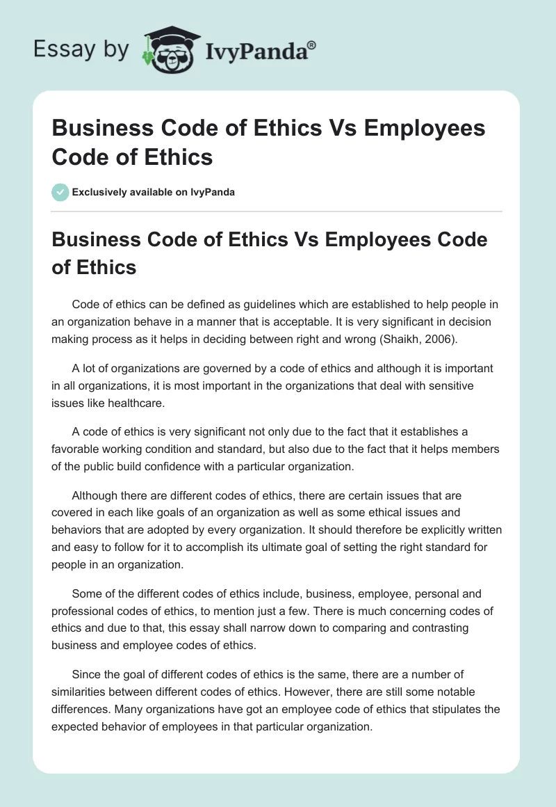 Business Code of Ethics Vs Employees Code of Ethics. Page 1