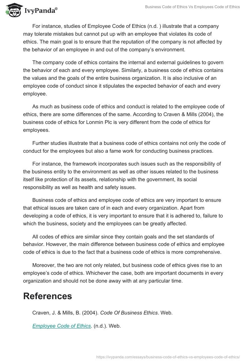 Business Code of Ethics Vs Employees Code of Ethics. Page 2