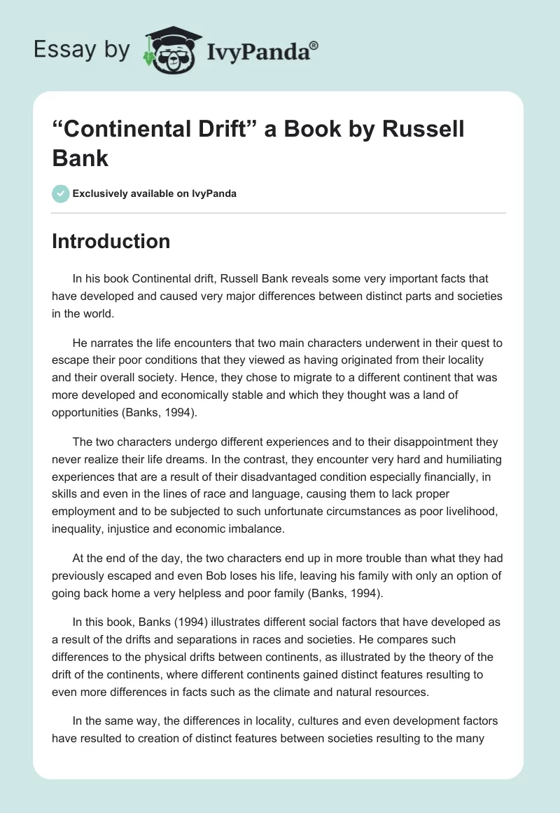 “Continental Drift” a Book by Russell Bank. Page 1
