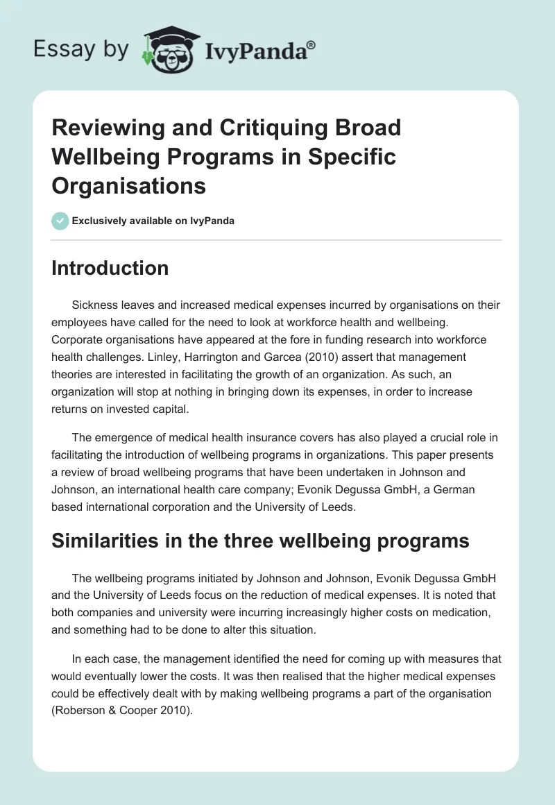 Reviewing and Critiquing Broad Wellbeing Programs in Specific Organisations. Page 1