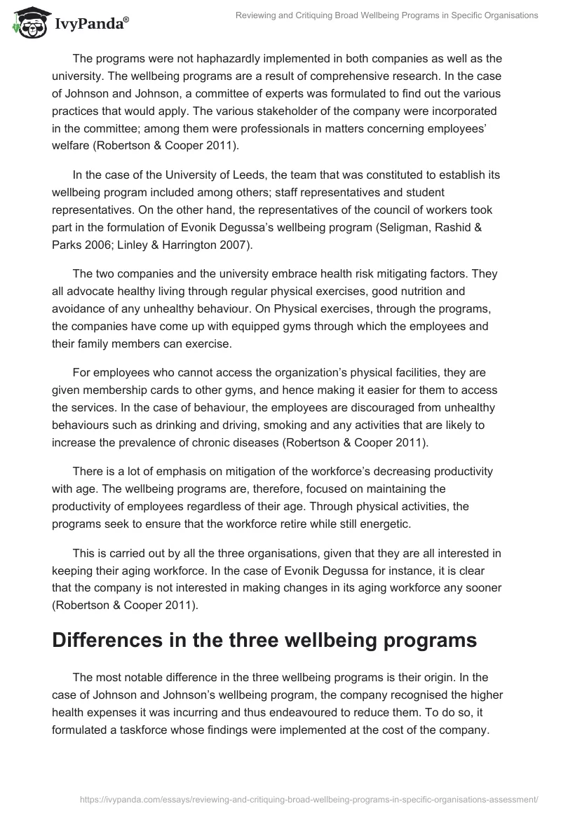 Reviewing and Critiquing Broad Wellbeing Programs in Specific Organisations. Page 2