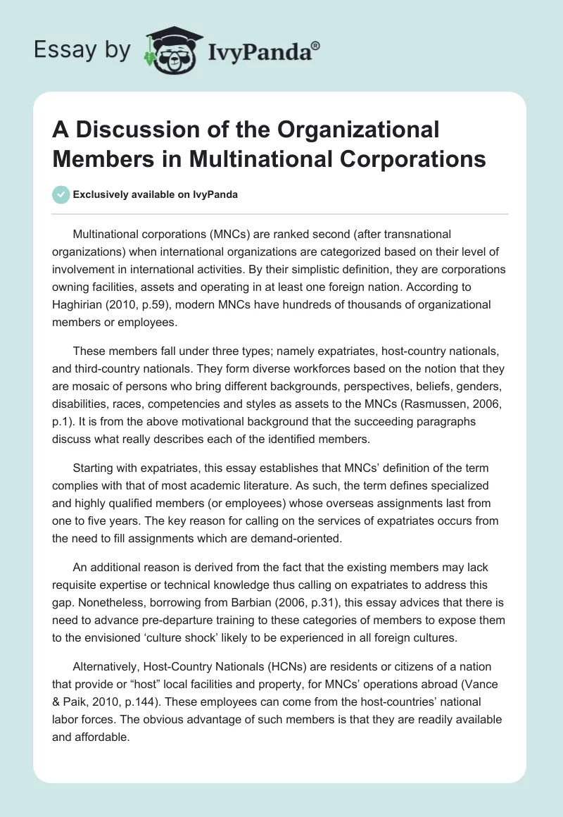 A Discussion of the Organizational Members in Multinational Corporations. Page 1