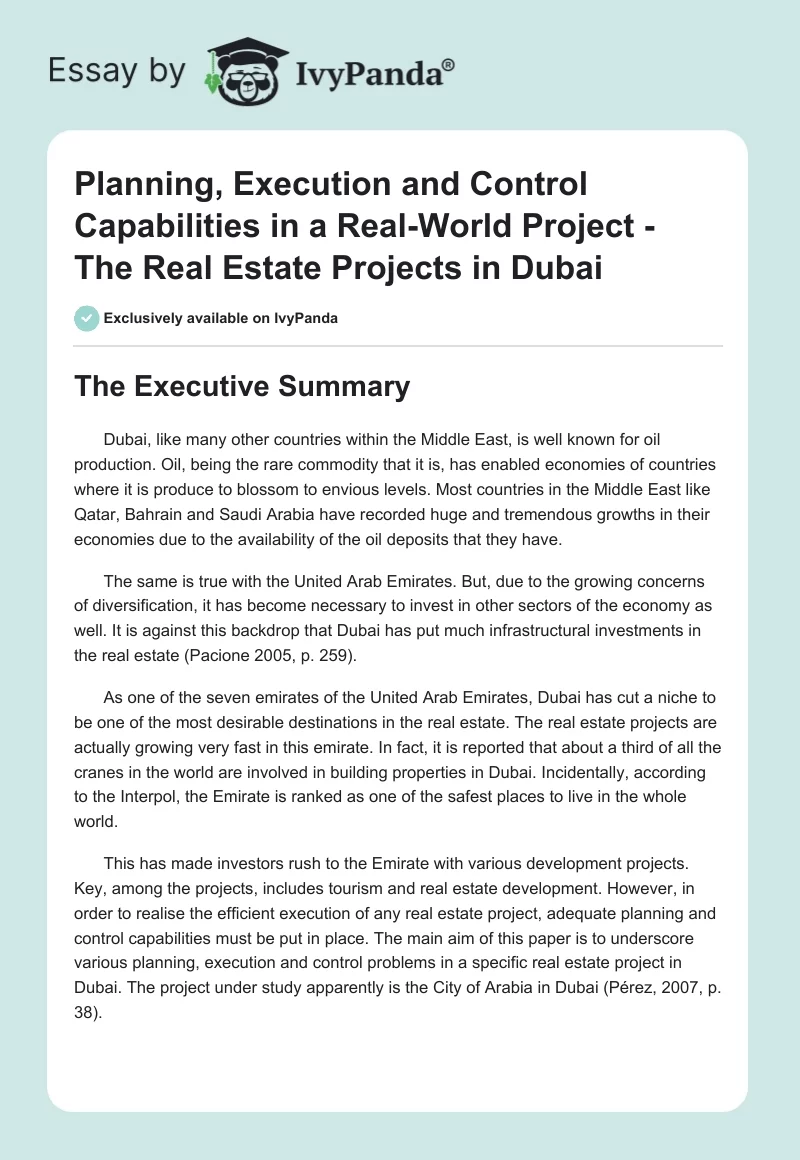 Planning, Execution and Control Capabilities in a Real-World Project - The Real Estate Projects in Dubai. Page 1
