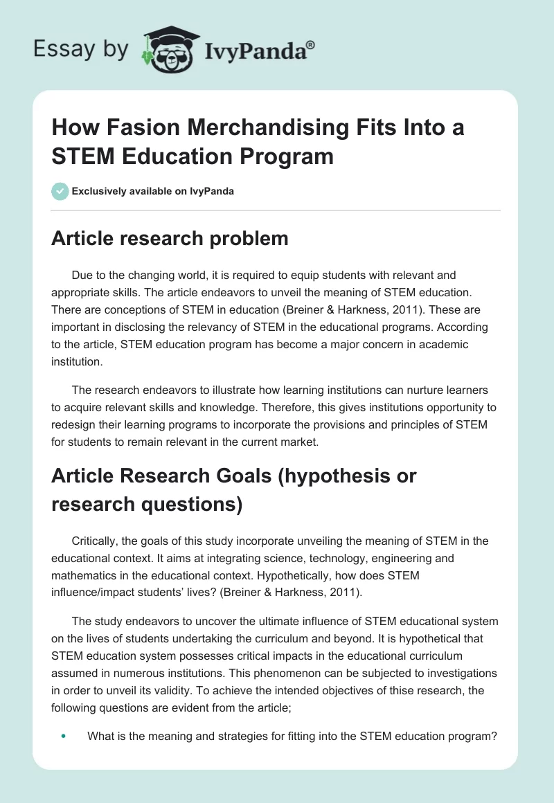 How Fasion Merchandising Fits Into a STEM Education Program. Page 1