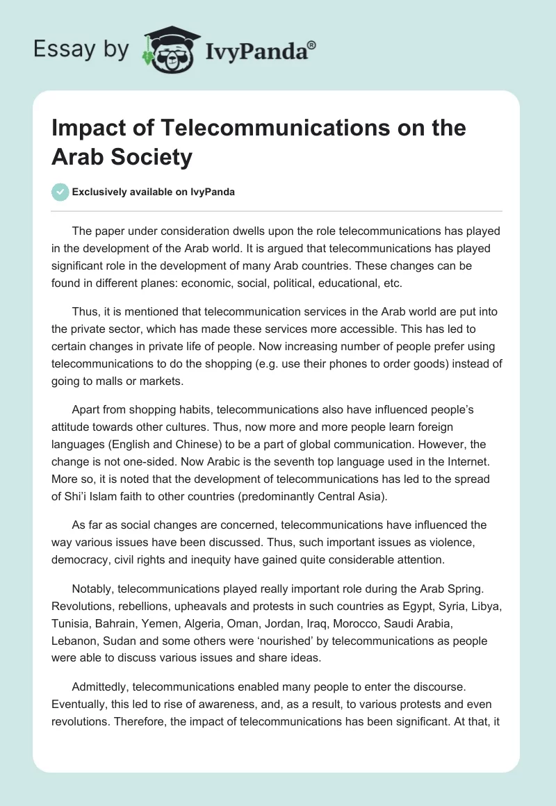 Impact of Telecommunications on the Arab Society. Page 1