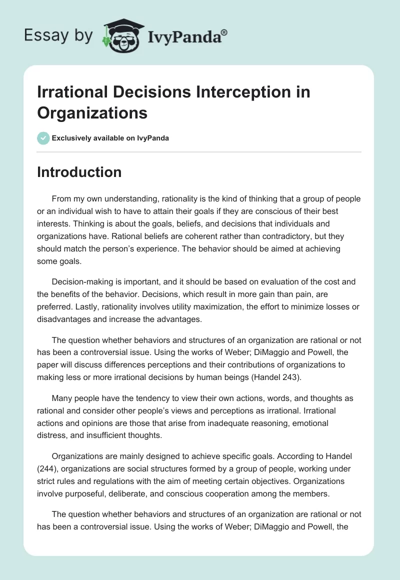 Irrational Decisions Interception in Organizations. Page 1