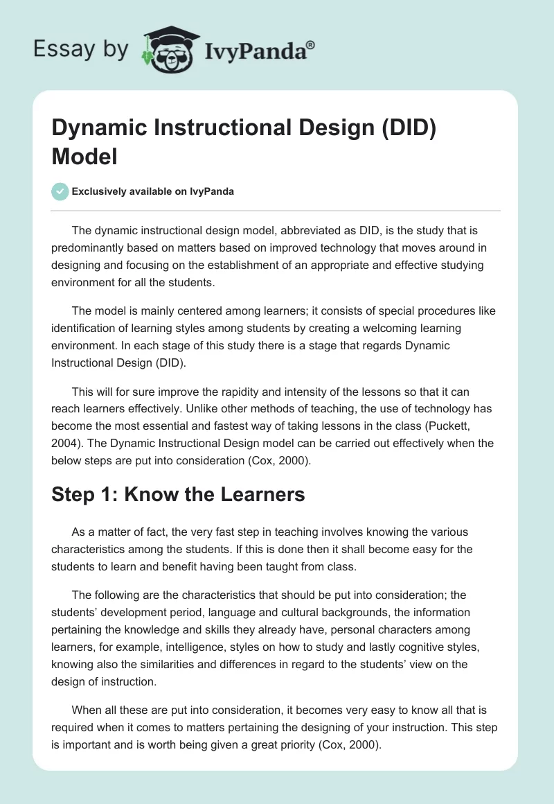 Dynamic Instructional Design (DID) Model. Page 1
