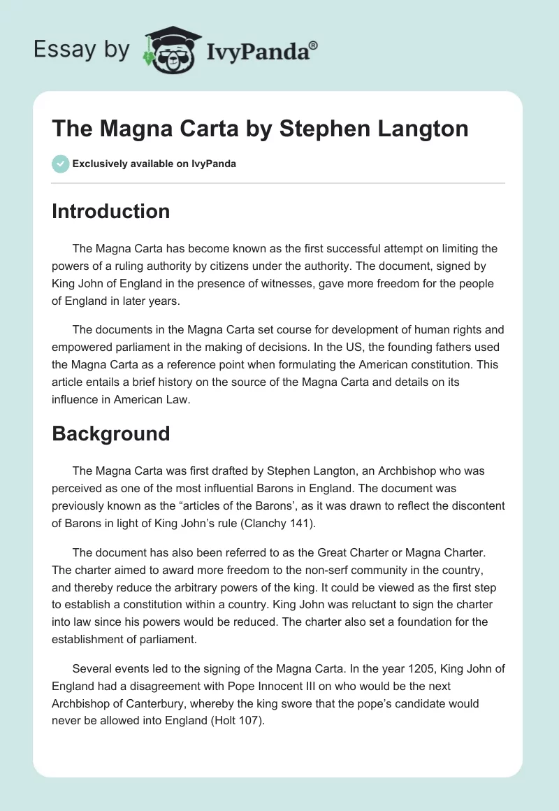"The Magna Carta" by Stephen Langton. Page 1
