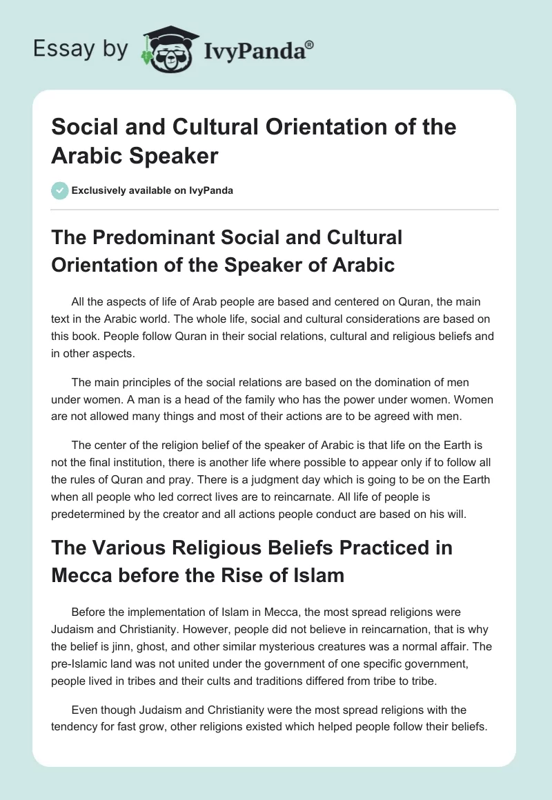 Social and Cultural Orientation of the Arabic Speaker. Page 1