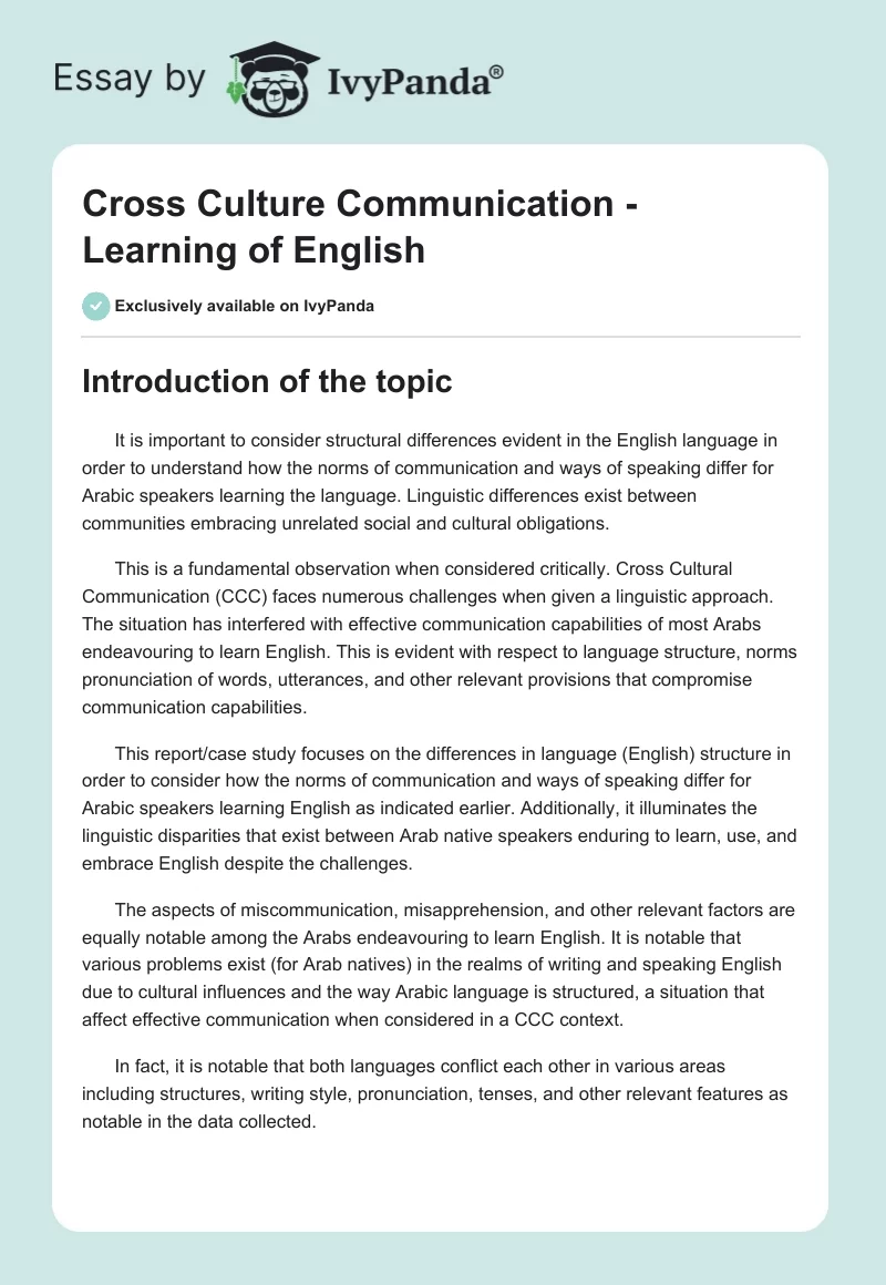Cross Culture Communication - Learning of English. Page 1