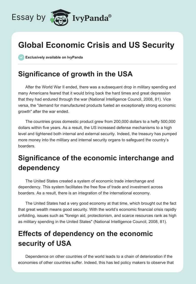 Global Economic Crisis and US Security. Page 1