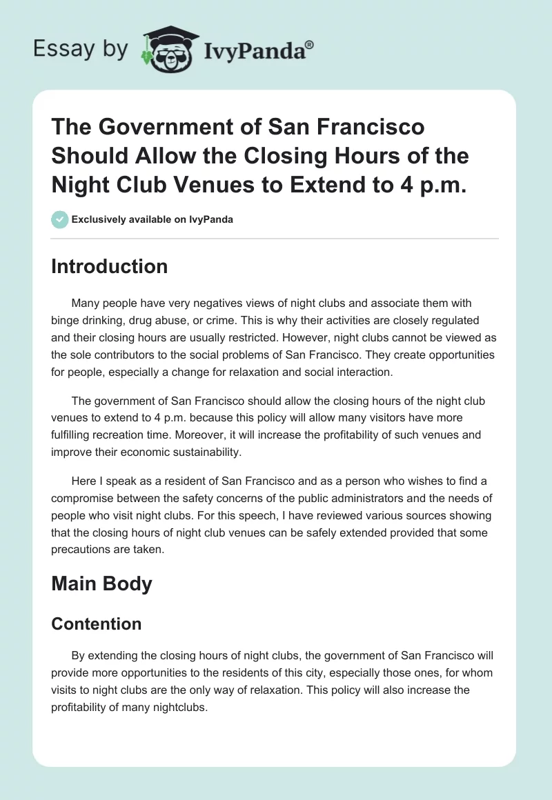The Government of San Francisco Should Allow the Closing Hours of the Night Club Venues to Extend to 4 p.m.. Page 1