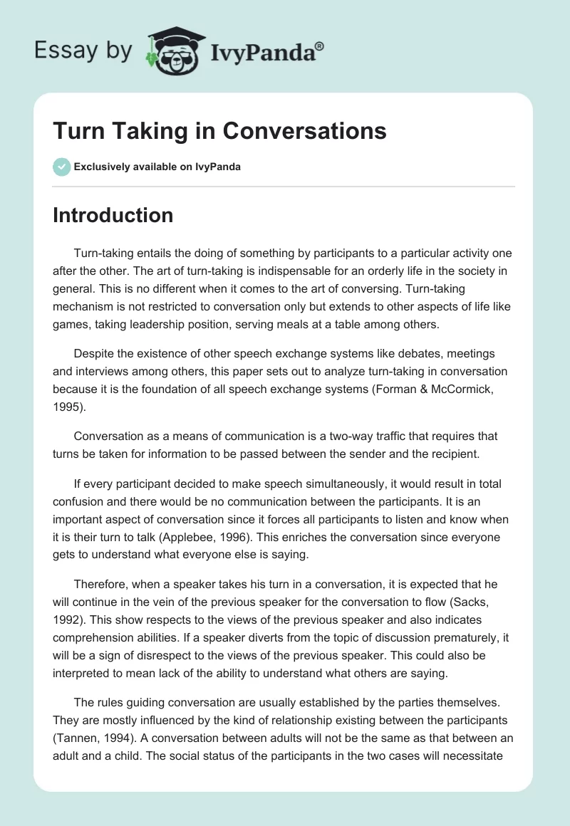 Turn Taking in Conversations. Page 1