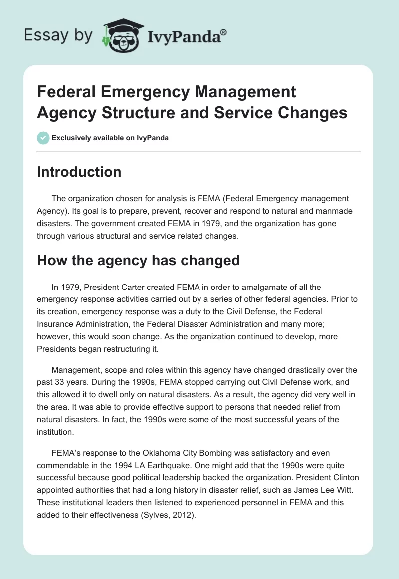 Federal Emergency Management Agency Structure and Service Changes. Page 1