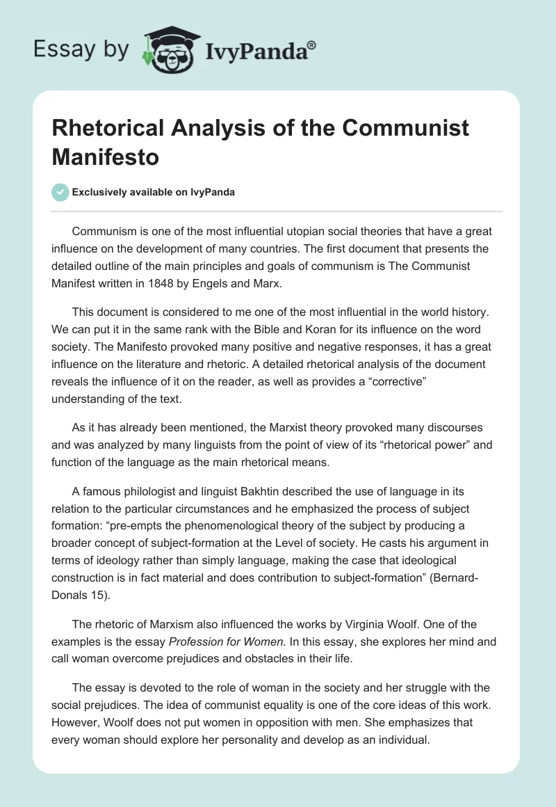 Rhetorical Analysis of the Communist Manifesto. Page 1