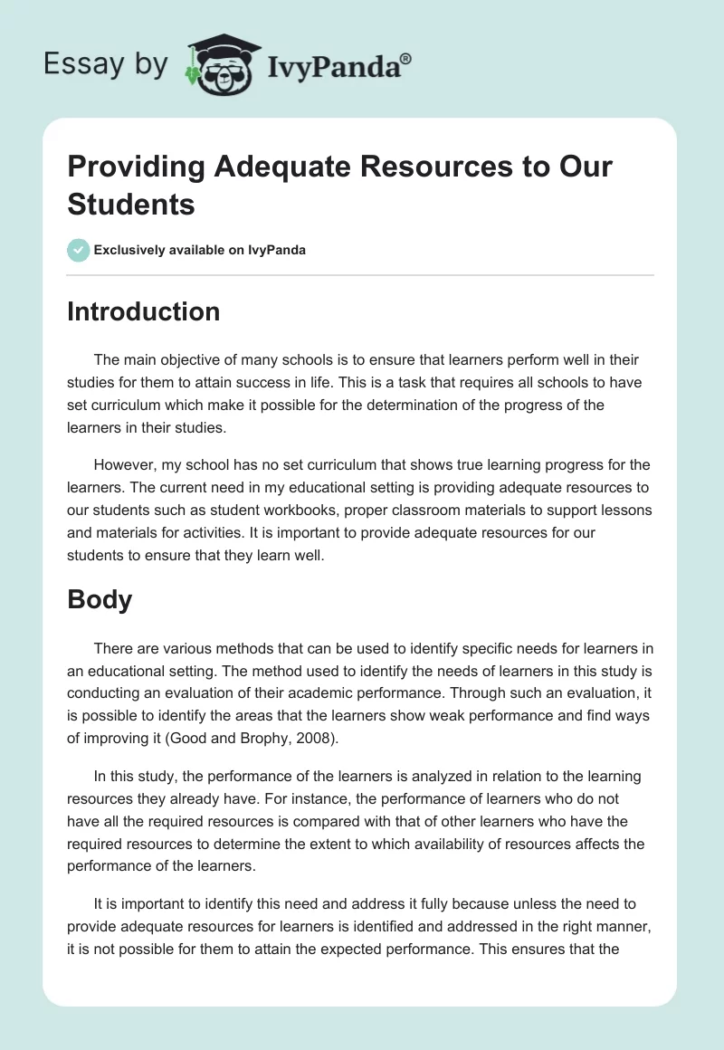 Providing Adequate Resources to Our Students. Page 1