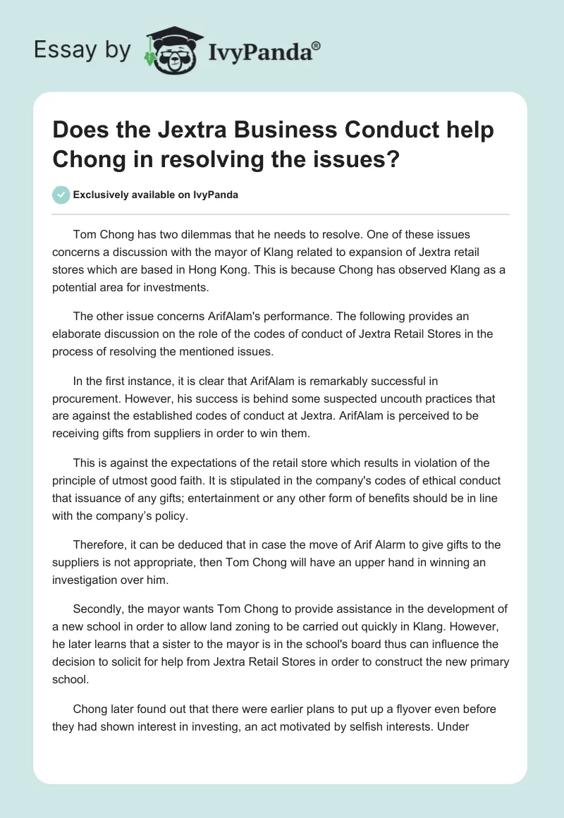 Does the Jextra Business Conduct help Chong in resolving the issues?. Page 1