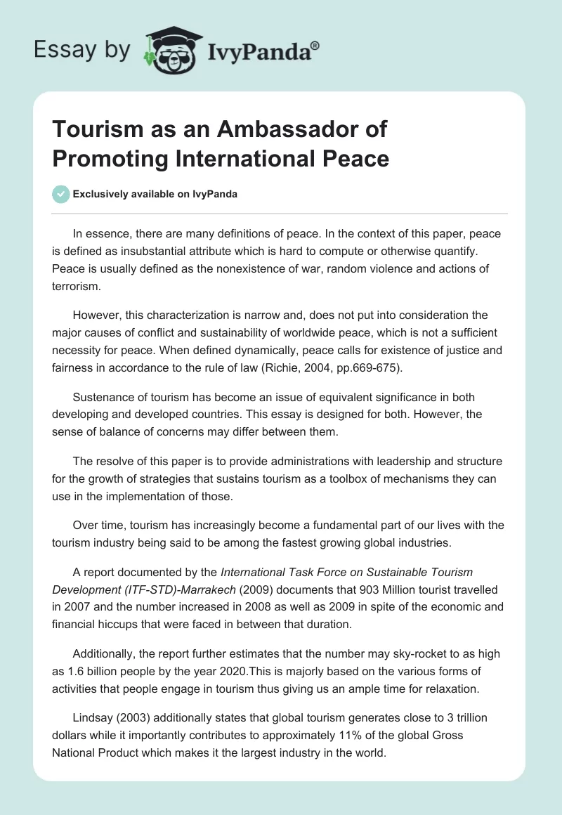 Tourism as an Ambassador of Promoting International Peace. Page 1