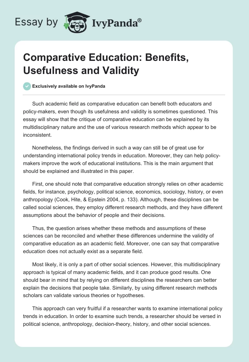 Comparative Education: Benefits, Usefulness and Validity. Page 1