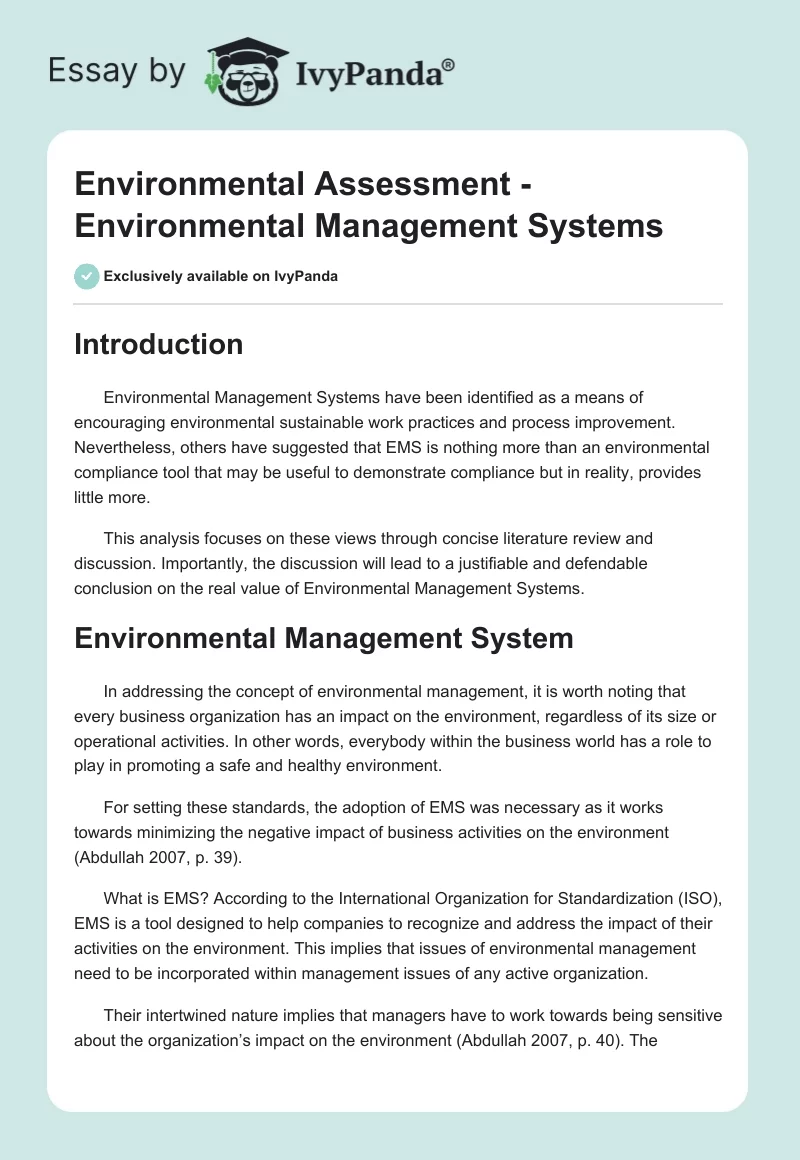 Environmental Assessment - Environmental Management Systems. Page 1