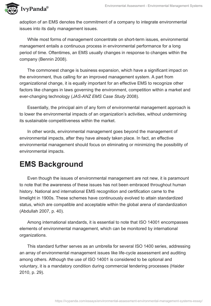 Environmental Assessment - Environmental Management Systems. Page 2