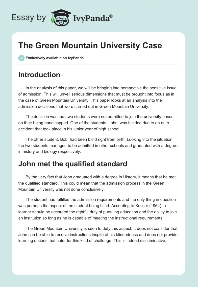 The Green Mountain University Case. Page 1