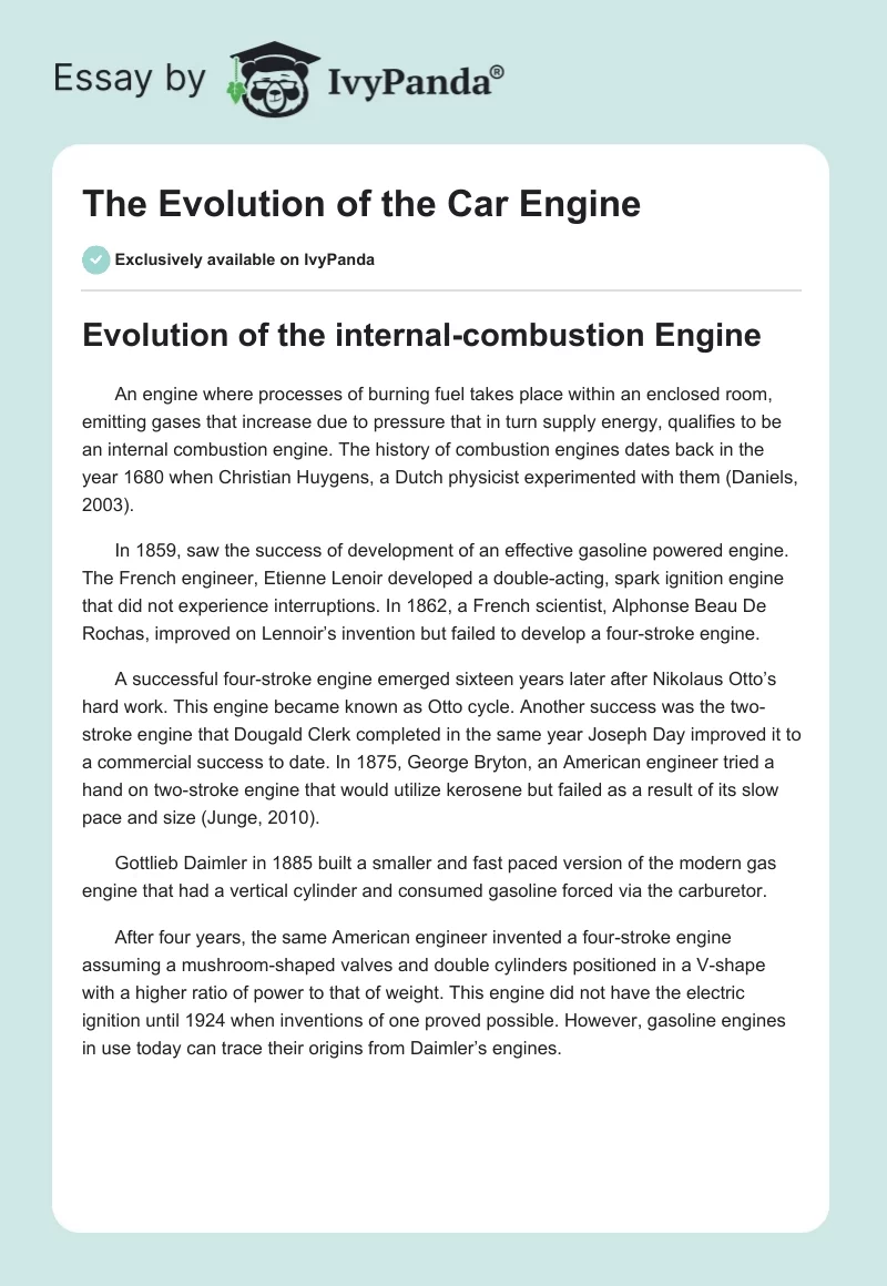 The Evolution of the Car Engine. Page 1