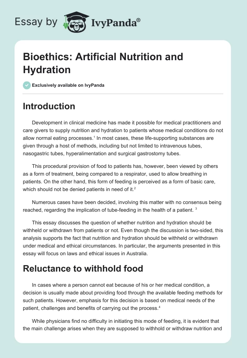 Bioethics: Artificial Nutrition and Hydration. Page 1