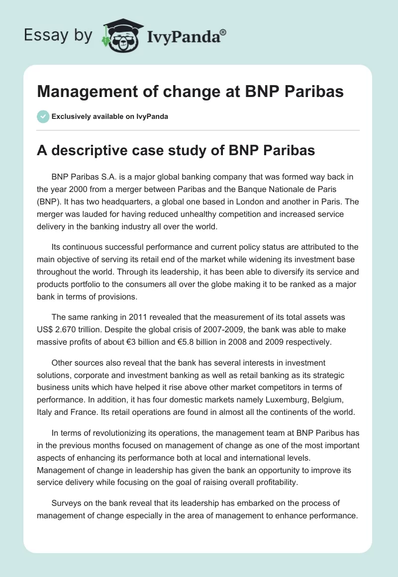 Management of change at BNP Paribas. Page 1
