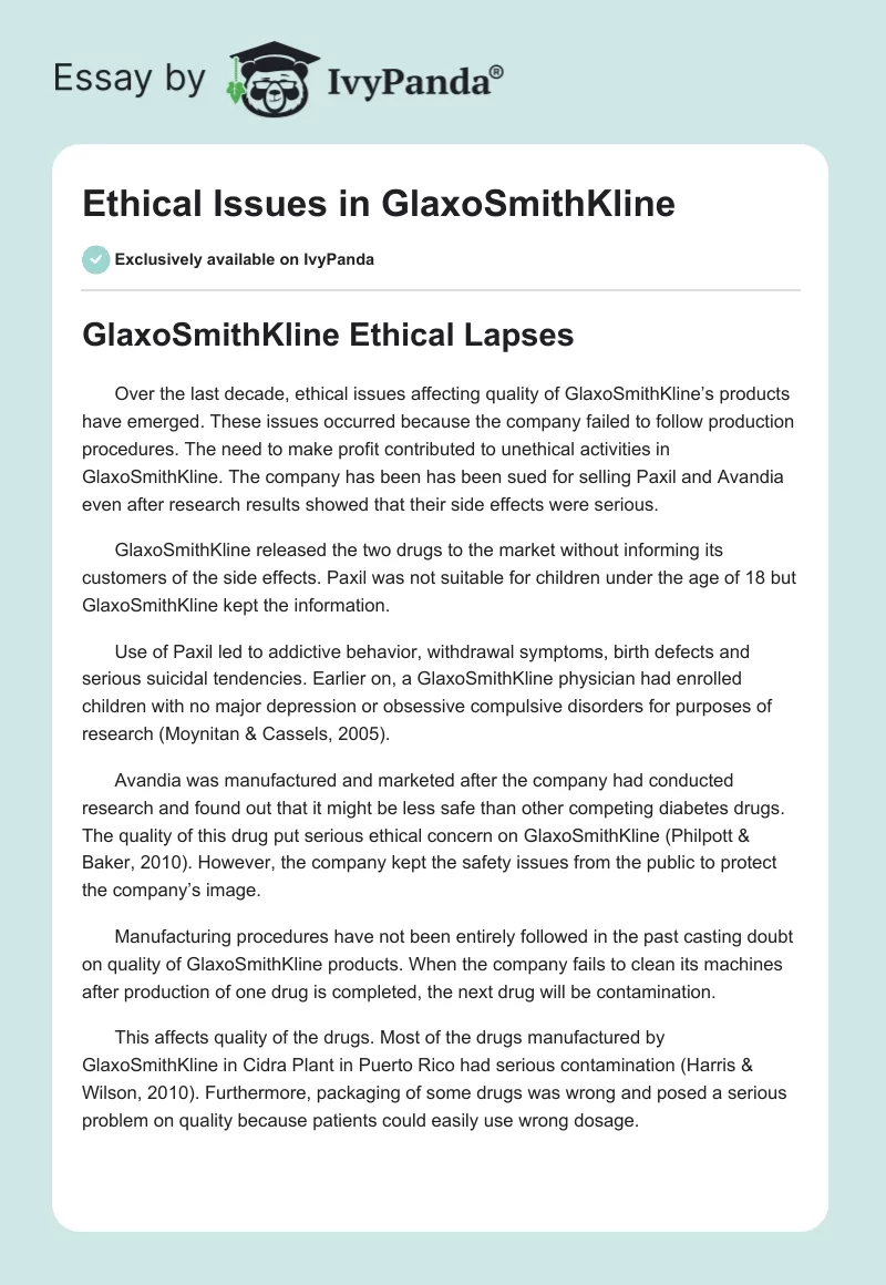 Ethical Issues in GlaxoSmithKline. Page 1