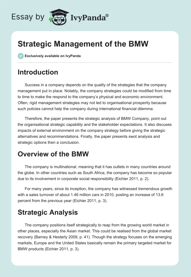 Strategic Management of the BMW. Page 1