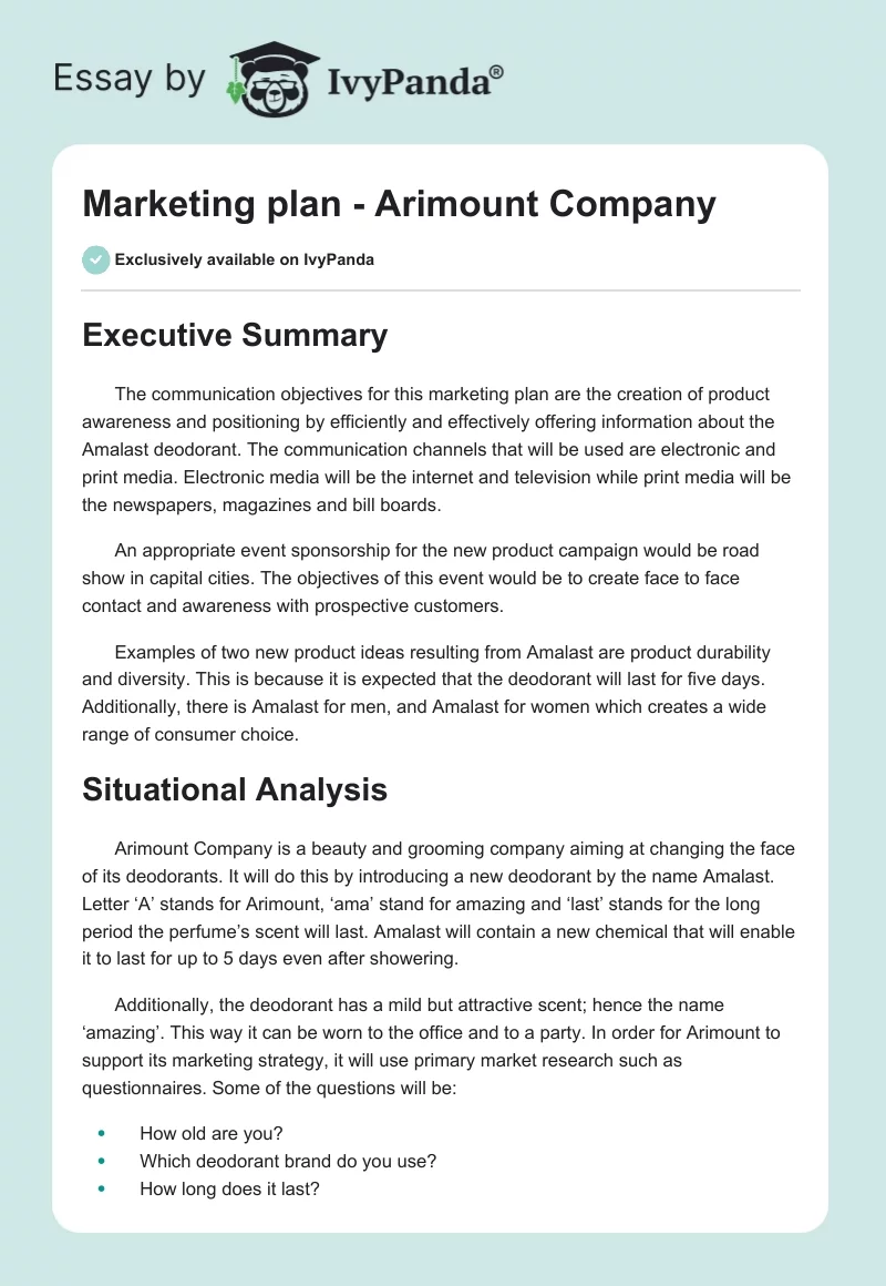 Marketing plan - Arimount Company. Page 1