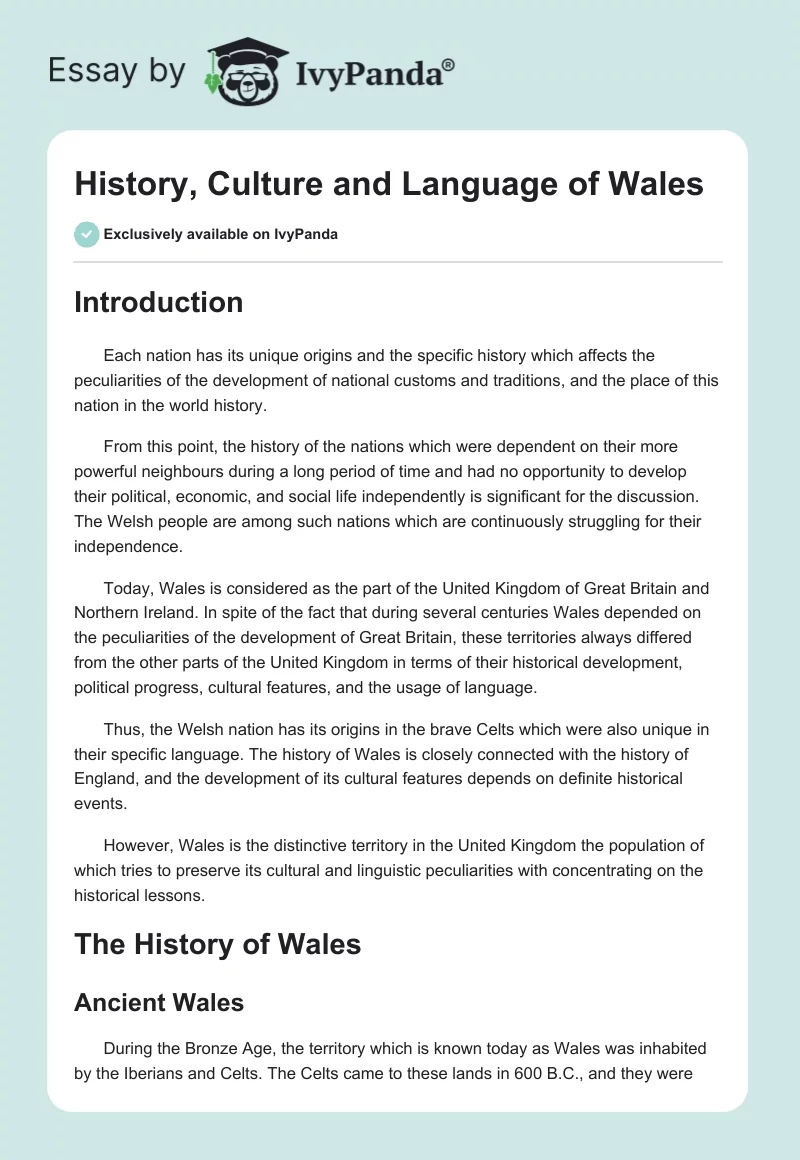 History, Culture and Language of Wales. Page 1