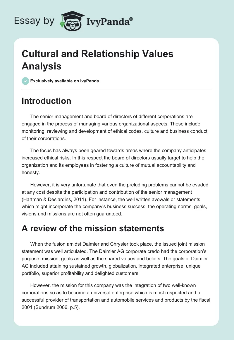 Cultural and Relationship Values Analysis. Page 1