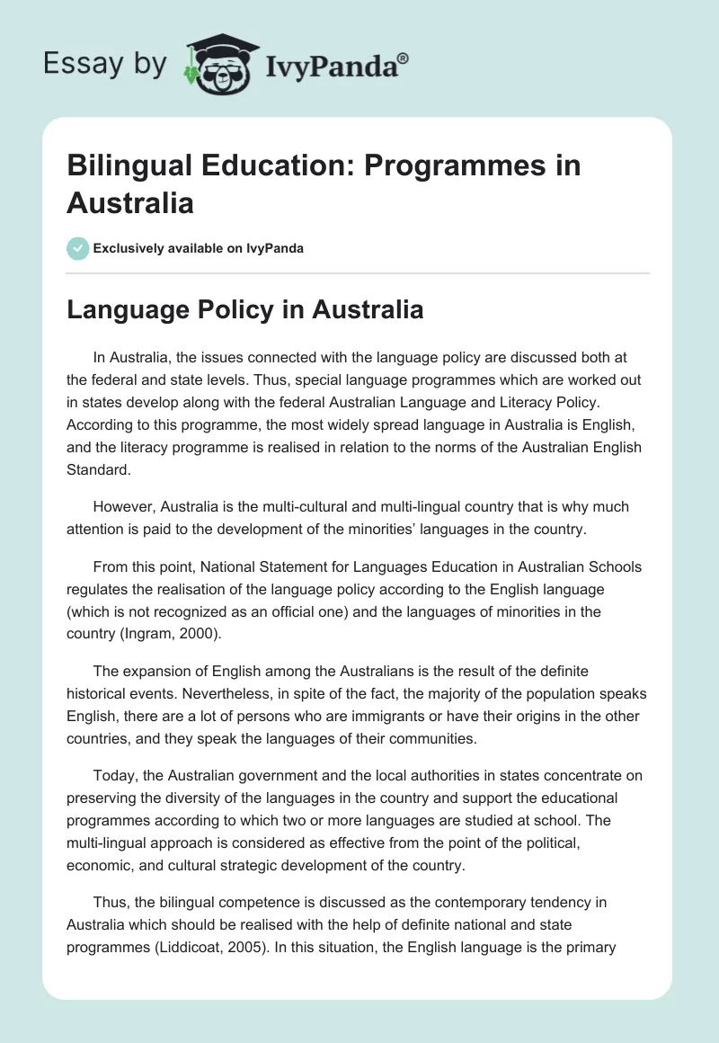Bilingual Education: Programmes in Australia. Page 1