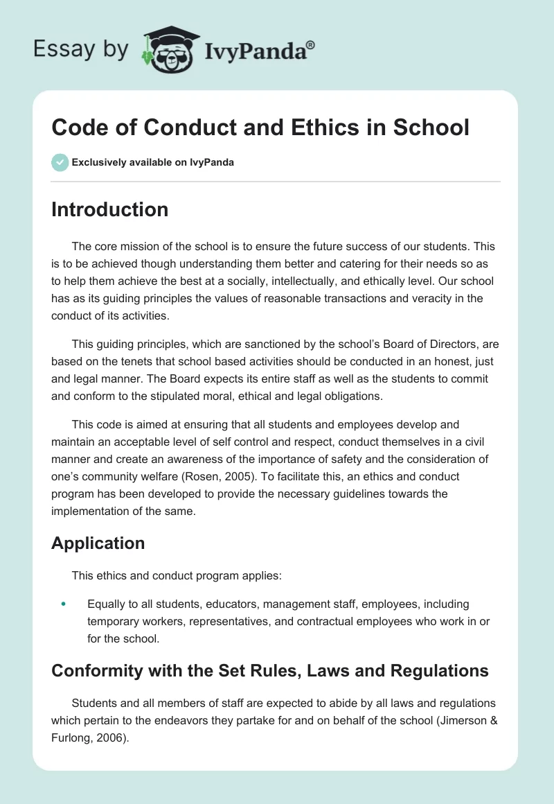 Code of Conduct and Ethics in School. Page 1