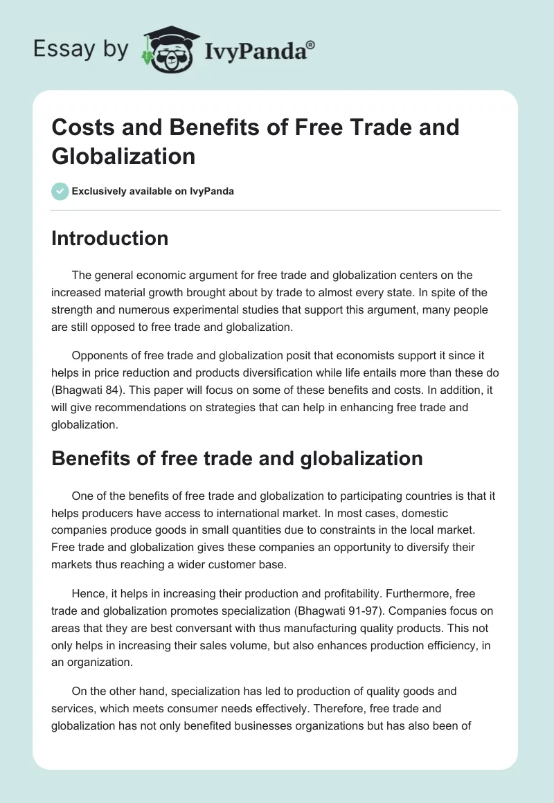 Costs and Benefits of Free Trade and Globalization. Page 1
