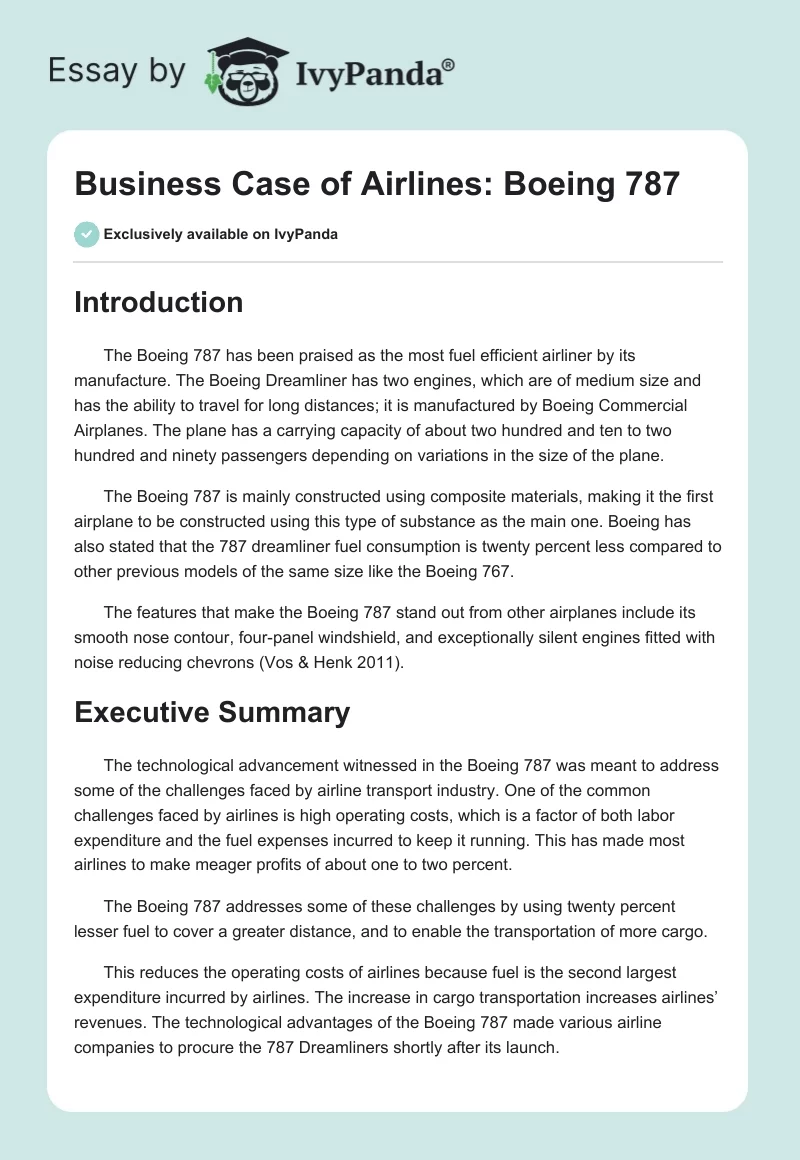 Business Case of Airlines: Boeing 787. Page 1