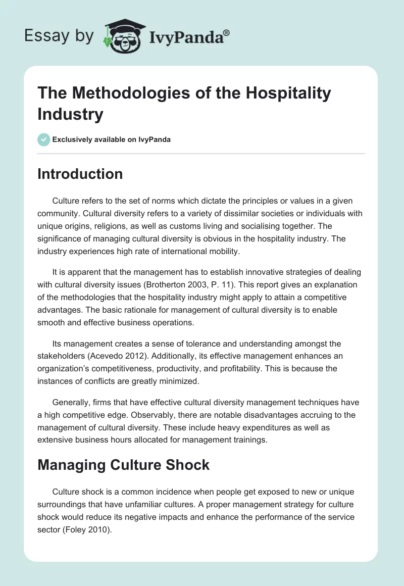 The Methodologies of the Hospitality Industry. Page 1