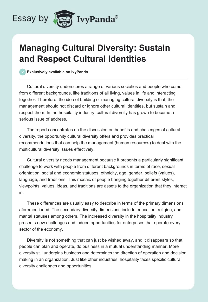 Managing Cultural Diversity: Sustain and Respect Cultural Identities. Page 1