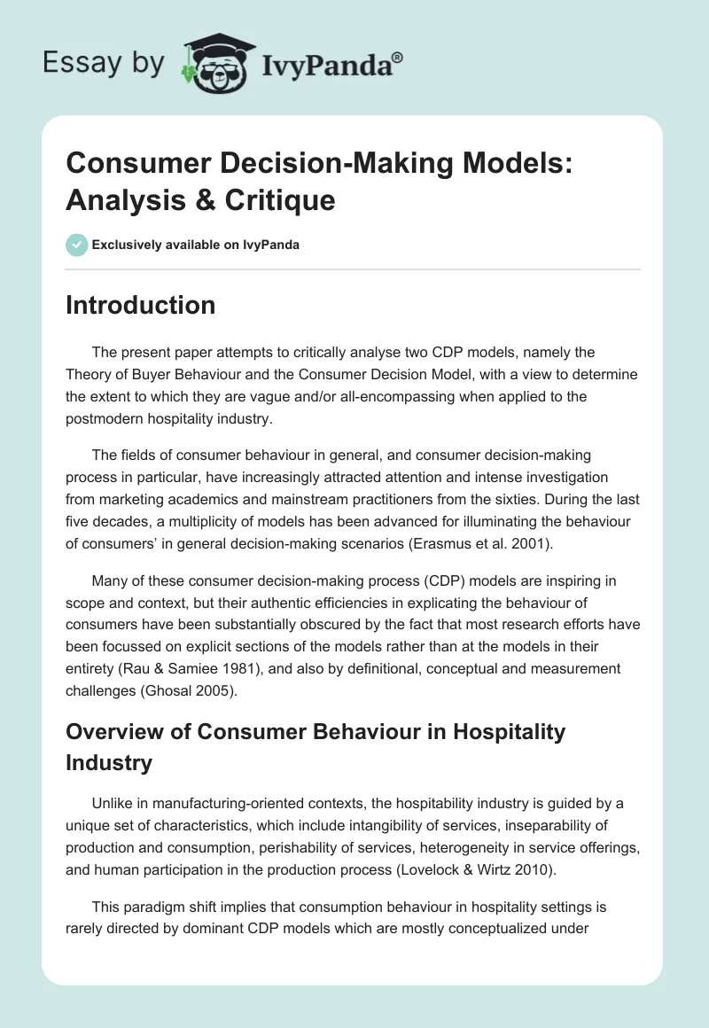 Consumer Decision-Making Models: Analysis & Critique. Page 1
