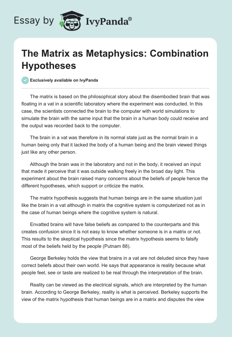 The Matrix as Metaphysics: Combination Hypotheses. Page 1