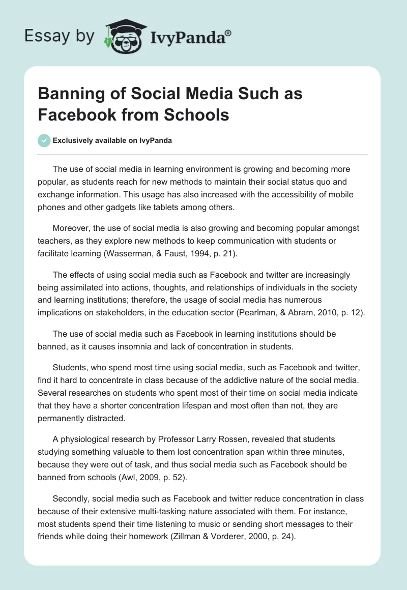 Banning of Social Media Such as Facebook from Schools. Page 1