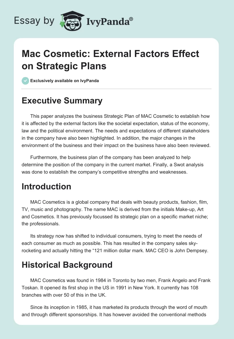 MAC Cosmetic: External Factors Effect on Strategic Plans. Page 1