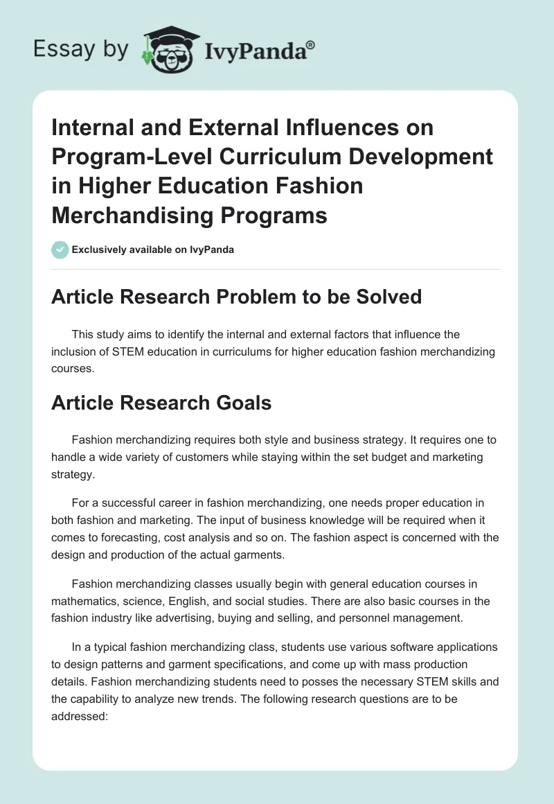 Internal and External Influences on Program-Level Curriculum Development in Higher Education Fashion Merchandising Programs. Page 1