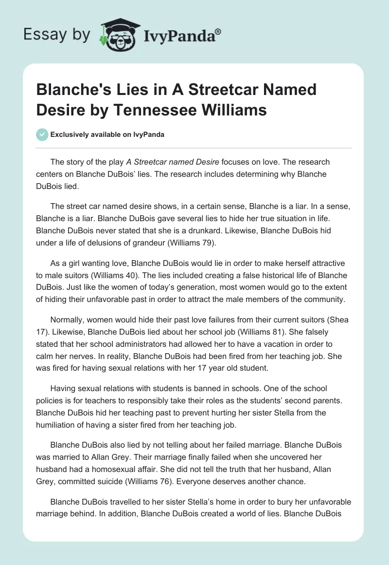 Blanche's Lies in "A Streetcar Named Desire" by Tennessee Williams. Page 1