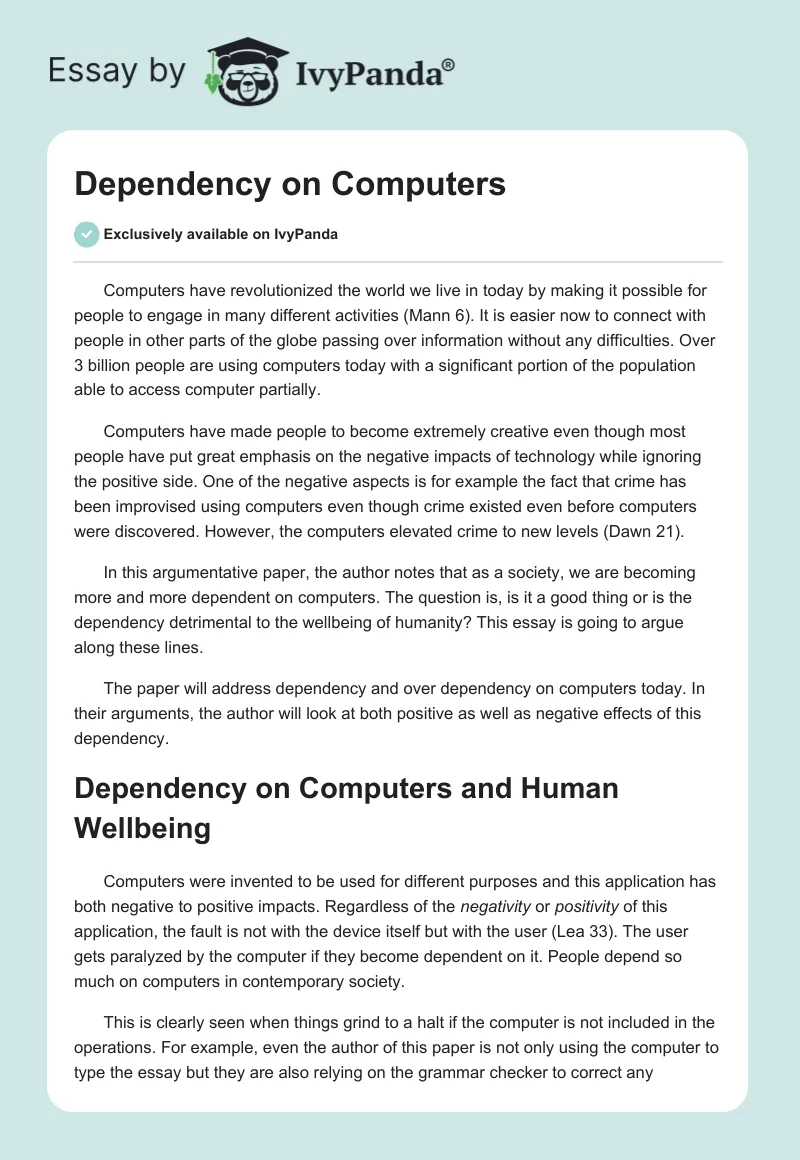 Dependency on Computers. Page 1