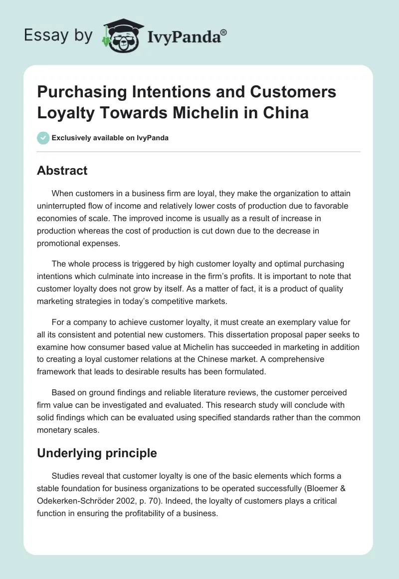 Purchasing Intentions and Customers Loyalty Towards Michelin in China. Page 1